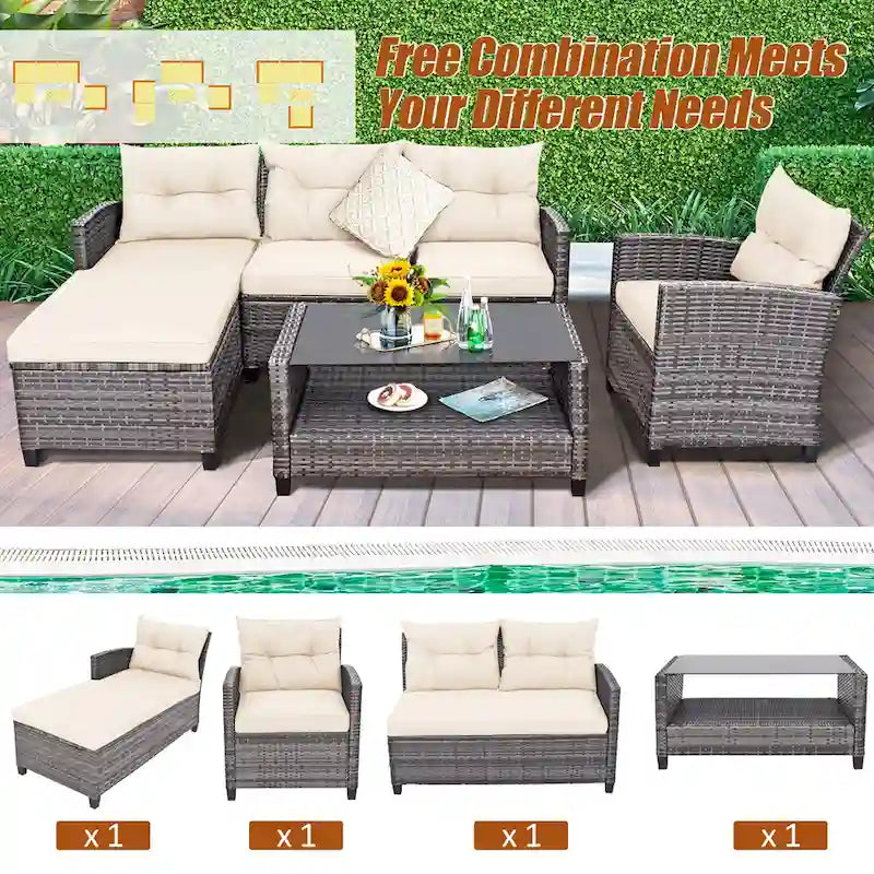 Costway 4PCS Patio Rattan Furniture Set Sofa Ottoman Cushion Garden - See Details