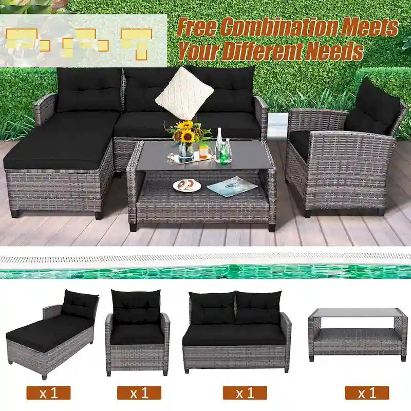 Costway 4PCS Patio Rattan Furniture Set Sofa Ottoman Cushion Garden - See Details