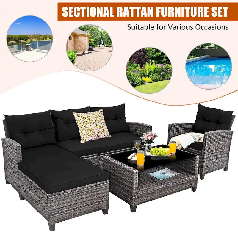 Costway 4PCS Patio Rattan Furniture Set Sofa Ottoman Cushion Garden - See Details