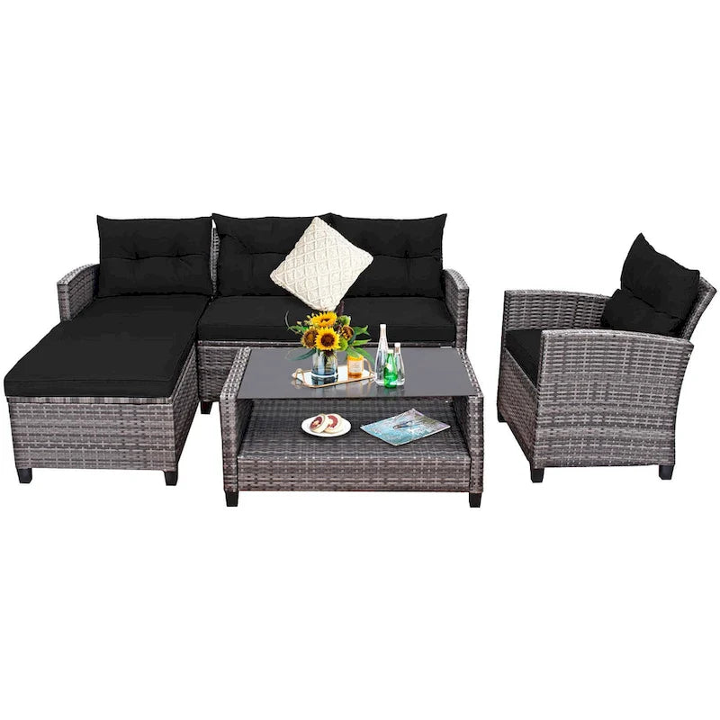 Costway 4PCS Patio Rattan Furniture Set Sofa Ottoman Cushion Garden - See Details