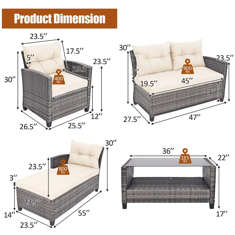Costway 4PCS Patio Rattan Furniture Set Sofa Ottoman Cushion Garden - See Details