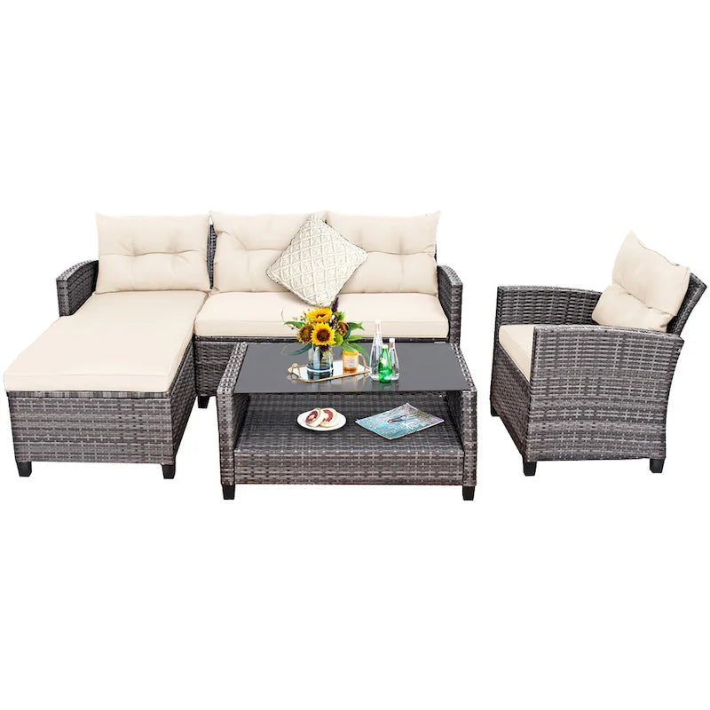 Costway 4PCS Patio Rattan Furniture Set Sofa Ottoman Cushion Garden - See Details