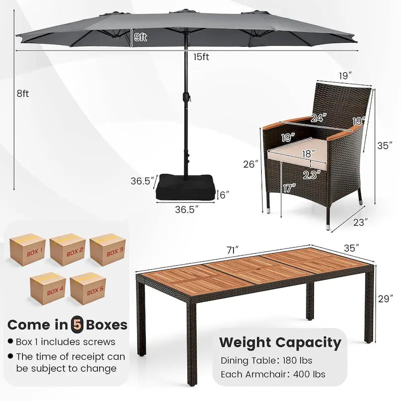 Gymax 9 Piece Patio Wicker Dining Set w/ Double-Sided Patio Grey