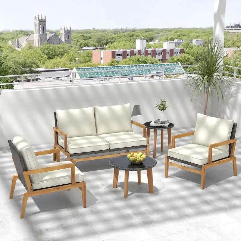 Costway 5 Piece Rattan Furniture Set Wicker Woven Sofa Set with Solid - See Details