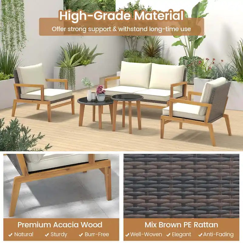 Costway 5 Piece Rattan Furniture Set Wicker Woven Sofa Set with Solid - See Details