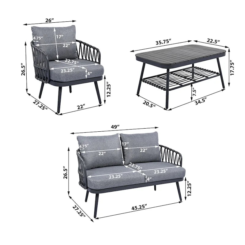 4-Piece Outdoor Patio Furniture Set, All Weather Sectional Furniture Set with Woven Rope Chairs and Coffee Table