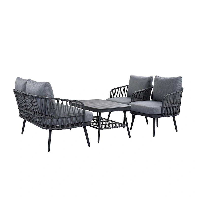 4-Piece Outdoor Patio Furniture Set, All Weather Sectional Furniture Set with Woven Rope Chairs and Coffee Table