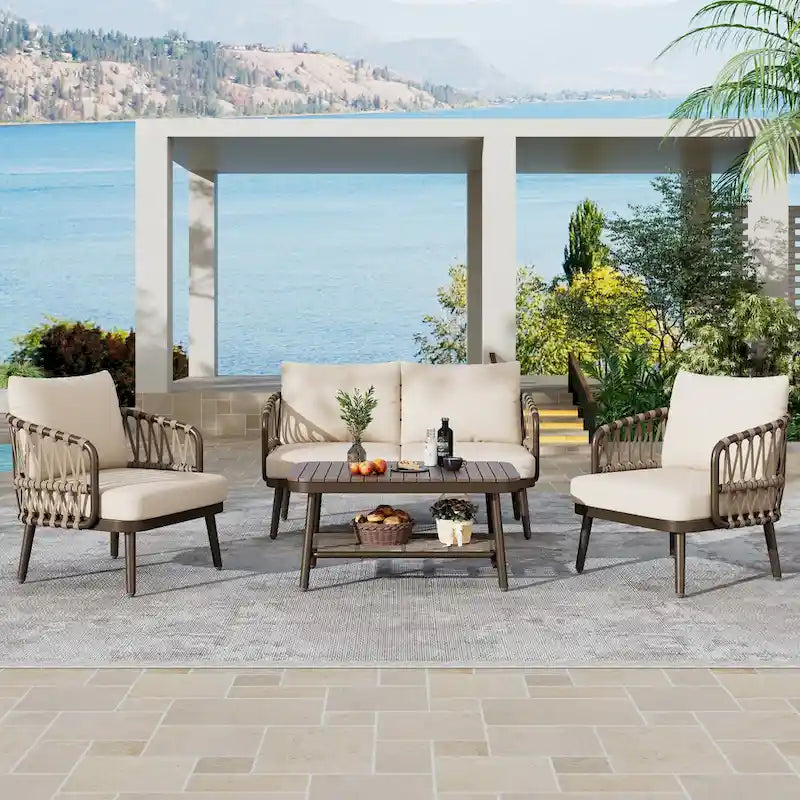 4-Piece Outdoor Patio Furniture Set, All Weather Sectional Furniture Set with Woven Rope Chairs and Coffee Table