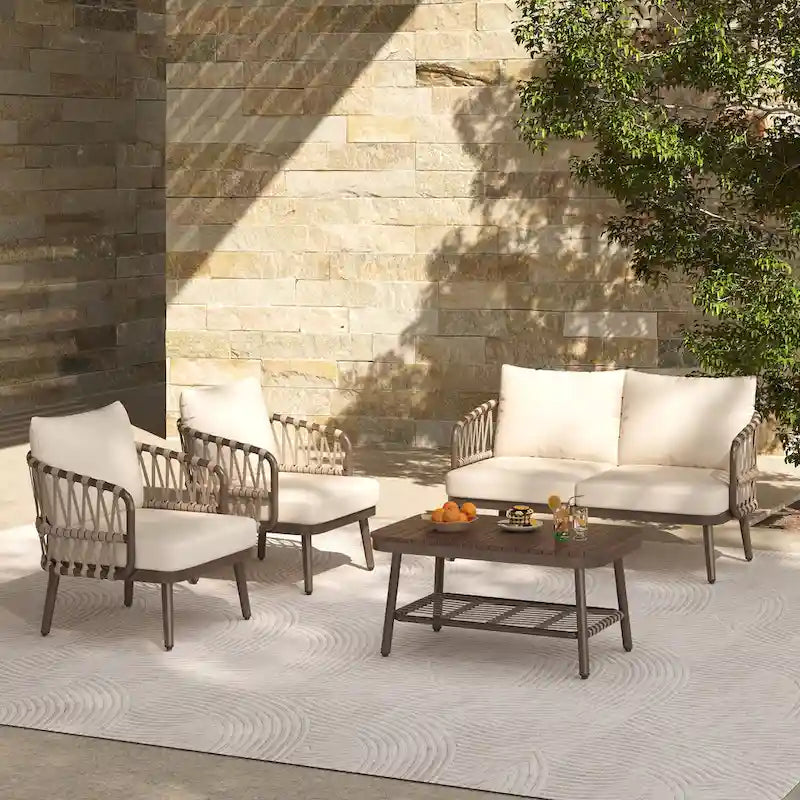 4-Piece Outdoor Patio Furniture Set, All Weather Sectional Furniture Set with Woven Rope Chairs and Coffee Table