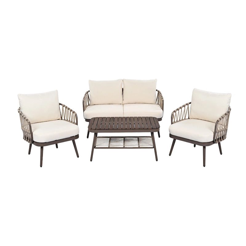 4-Piece Outdoor Patio Furniture Set, All Weather Sectional Furniture Set with Woven Rope Chairs and Coffee Table