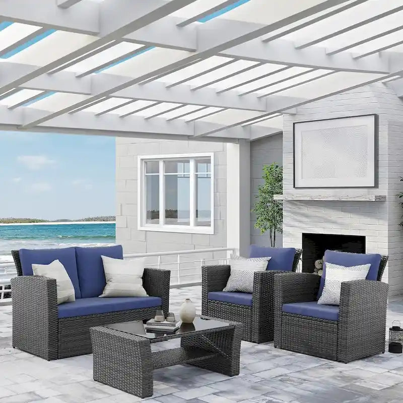 4 Piece Patio Wicker Furniture Set, Outdoor Rattan Sectional Sofa Set with Tempered Glass Coffee Table and Cushions
