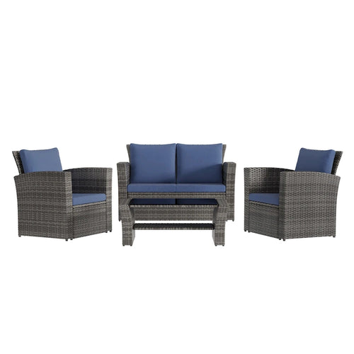 4 Piece Patio Wicker Furniture Set, Outdoor Rattan Sectional Sofa Set with Tempered Glass Coffee Table and Cushions