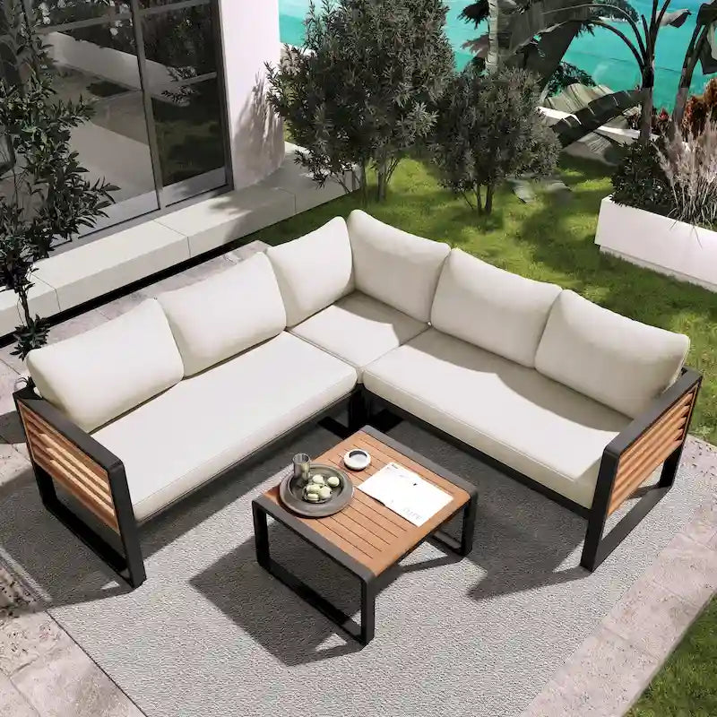 4 Piece Outdoor Patio Furniture Set, Patio Sectional L-shaped Sofa Set with Soft Cushion and Rectangular Coffee Table