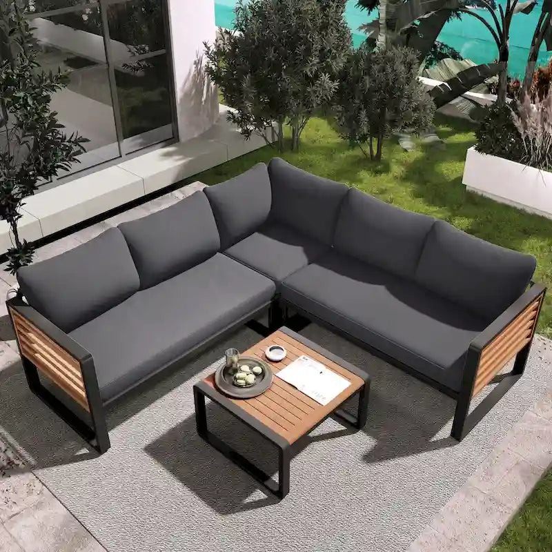 4 Piece Outdoor Patio Furniture Set, Patio Sectional L-shaped Sofa Set with Soft Cushion and Rectangular Coffee Table