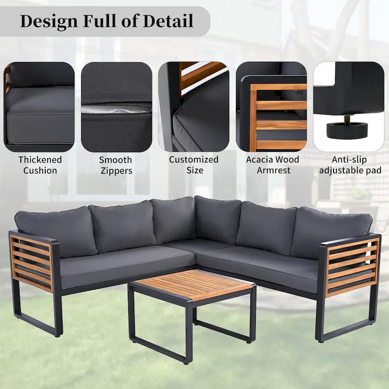 4 Piece Outdoor Patio Furniture Set, Patio Sectional L-shaped Sofa Set with Soft Cushion and Rectangular Coffee Table