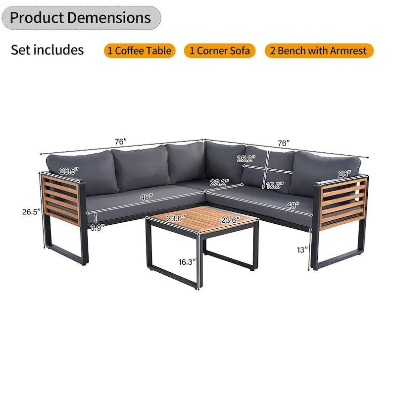 4 Piece Outdoor Patio Furniture Set, Patio Sectional L-shaped Sofa Set with Soft Cushion and Rectangular Coffee Table