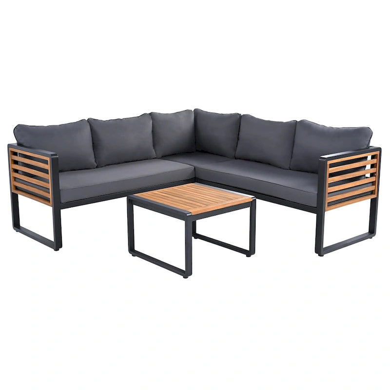 4 Piece Outdoor Patio Furniture Set, Patio Sectional L-shaped Sofa Set with Soft Cushion and Rectangular Coffee Table