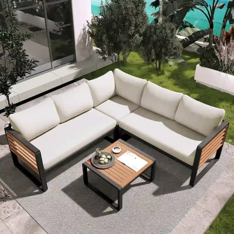 4 Piece Outdoor Patio Furniture Set, Patio Sectional L-shaped Sofa Set with Soft Cushion and Rectangular Coffee Table