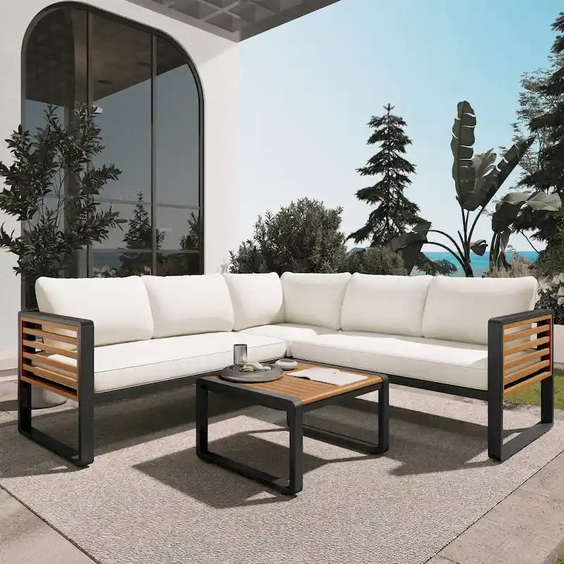 4 Piece Outdoor Patio Furniture Set, Patio Sectional L-shaped Sofa Set with Soft Cushion and Rectangular Coffee Table