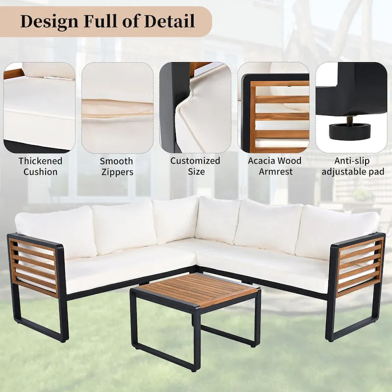 4 Piece Outdoor Patio Furniture Set, Patio Sectional L-shaped Sofa Set with Soft Cushion and Rectangular Coffee Table