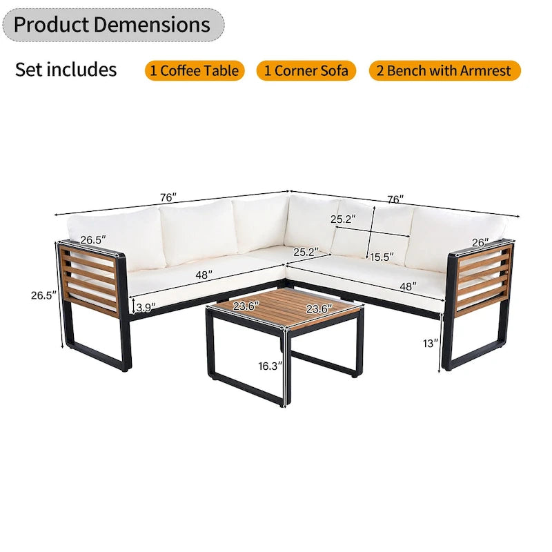 4 Piece Outdoor Patio Furniture Set, Patio Sectional L-shaped Sofa Set with Soft Cushion and Rectangular Coffee Table