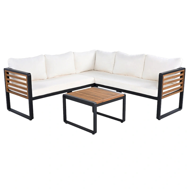 4 Piece Outdoor Patio Furniture Set, Patio Sectional L-shaped Sofa Set with Soft Cushion and Rectangular Coffee Table