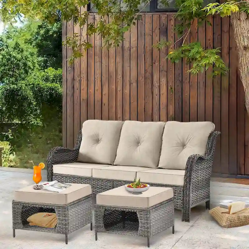 3 Piece Patio Sofa Set-Wicker Outdoor Sofa Sets with Storage Ottoman