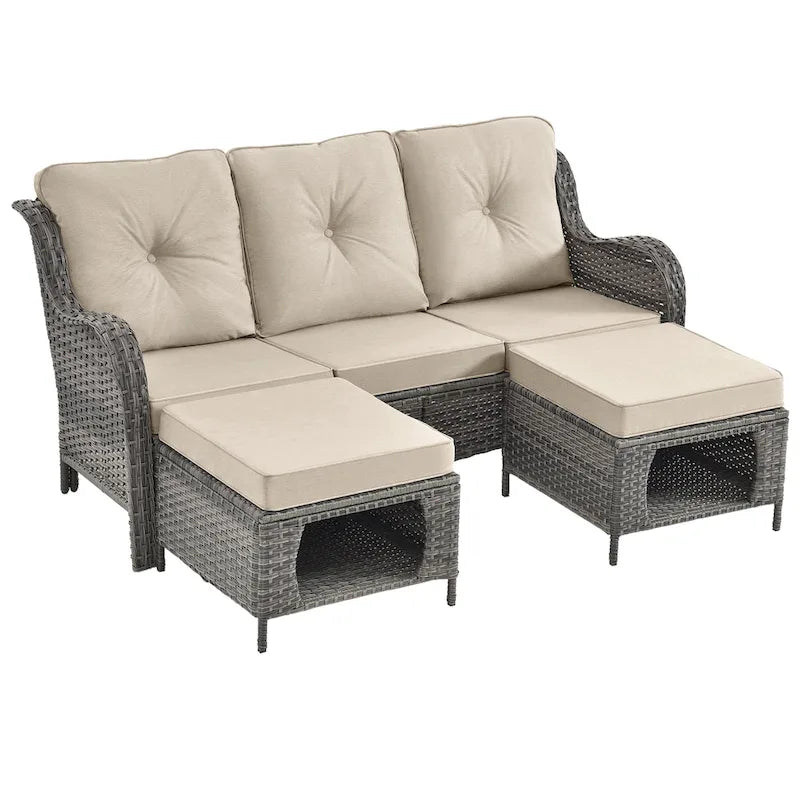 3 Piece Patio Sofa Set-Wicker Outdoor Sofa Sets with Storage Ottoman