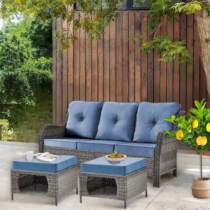 3 Piece Patio Sofa Set-Wicker Outdoor Sofa Sets with Storage Ottoman
