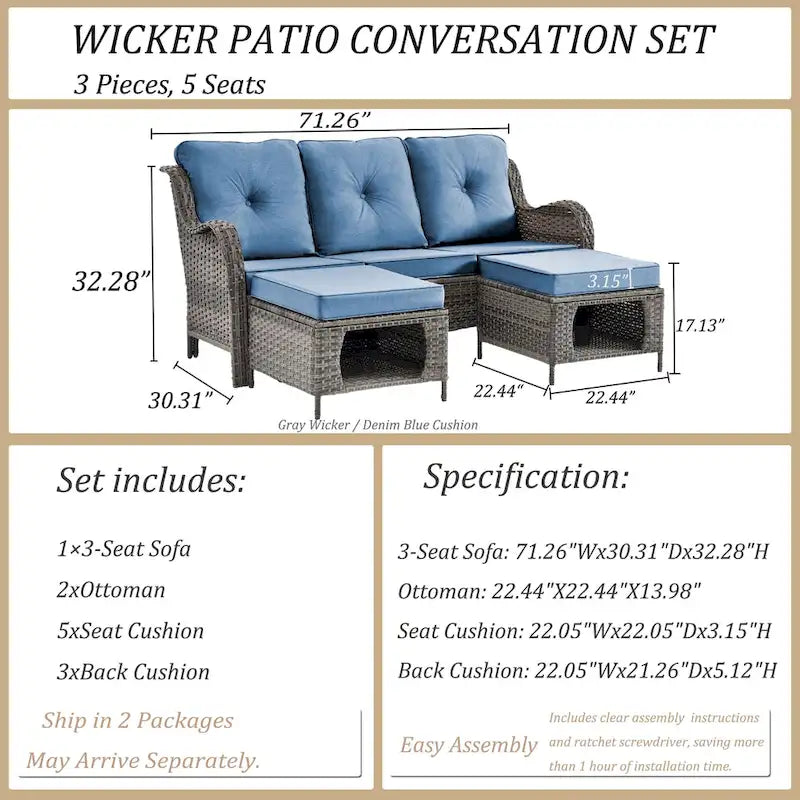 3 Piece Patio Sofa Set-Wicker Outdoor Sofa Sets with Storage Ottoman