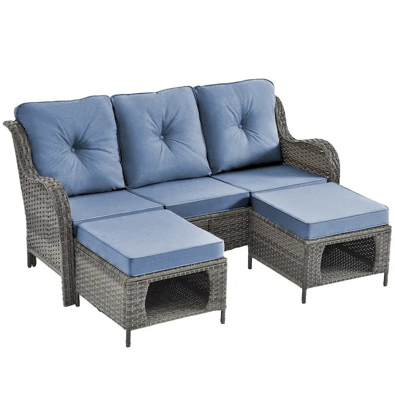 3 Piece Patio Sofa Set-Wicker Outdoor Sofa Sets with Storage Ottoman