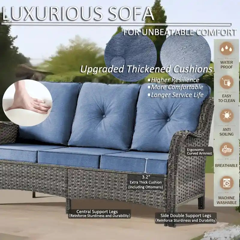 3 Piece Patio Sofa Set-Wicker Outdoor Sofa Sets with Storage Ottoman