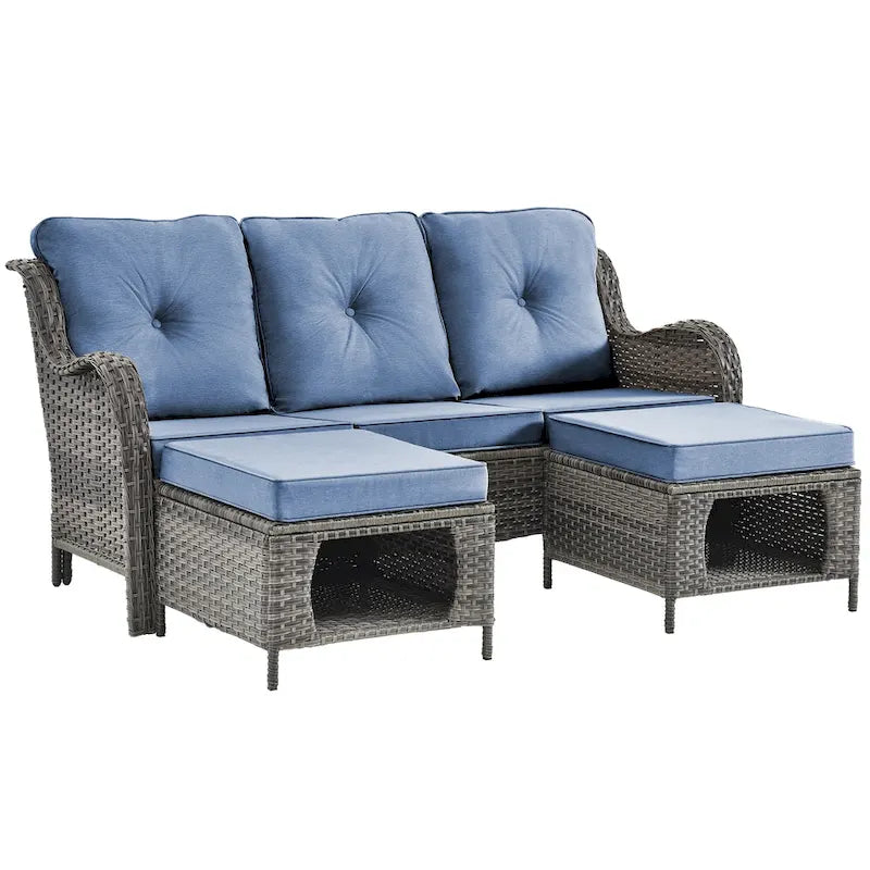 3 Piece Patio Sofa Set-Wicker Outdoor Sofa Sets with Storage Ottoman