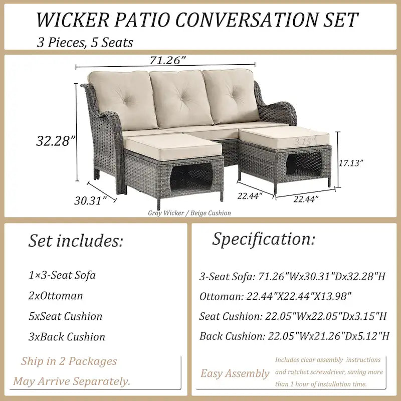 3 Piece Patio Sofa Set-Wicker Outdoor Sofa Sets with Storage Ottoman