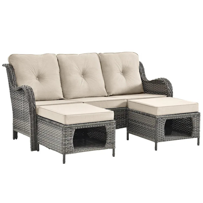 3 Piece Patio Sofa Set-Wicker Outdoor Sofa Sets with Storage Ottoman