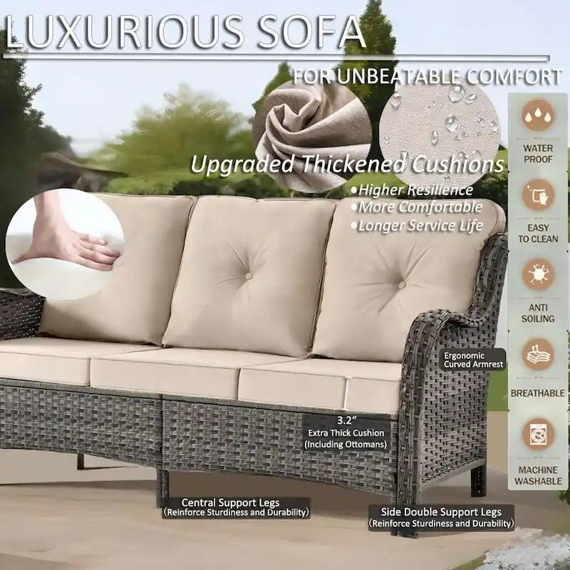 3 Piece Patio Sofa Set-Wicker Outdoor Sofa Sets with Storage Ottoman