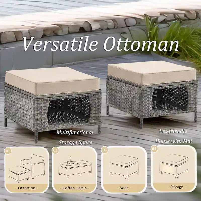 3 Piece Patio Sofa Set-Wicker Outdoor Sofa Sets with Storage Ottoman