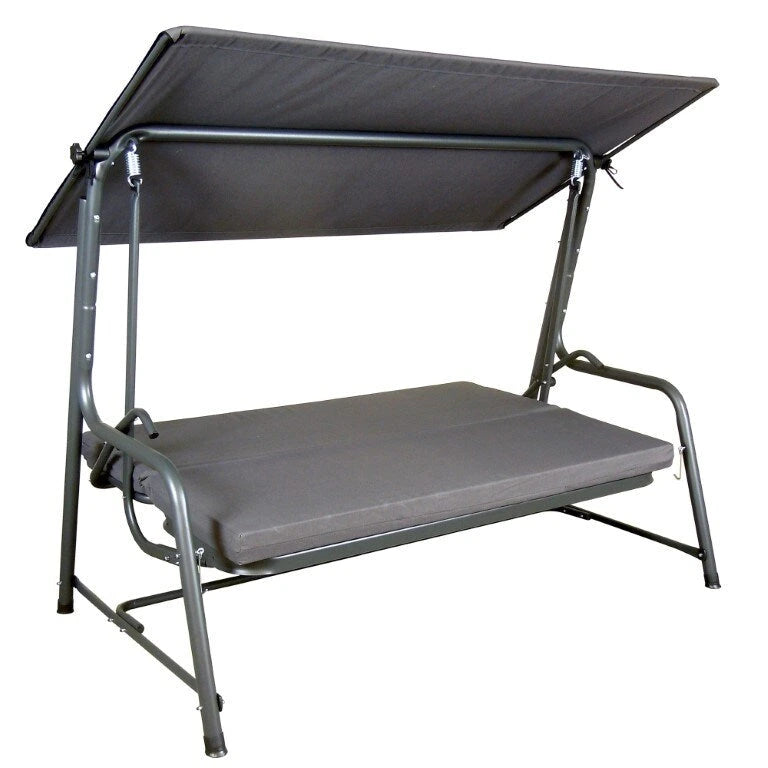 Sunjoy Luxury 4 Seater Steel Patio Swing Bed Convertible Design with Elastic Mesh Seat, Cushions & Adjustable Canopy