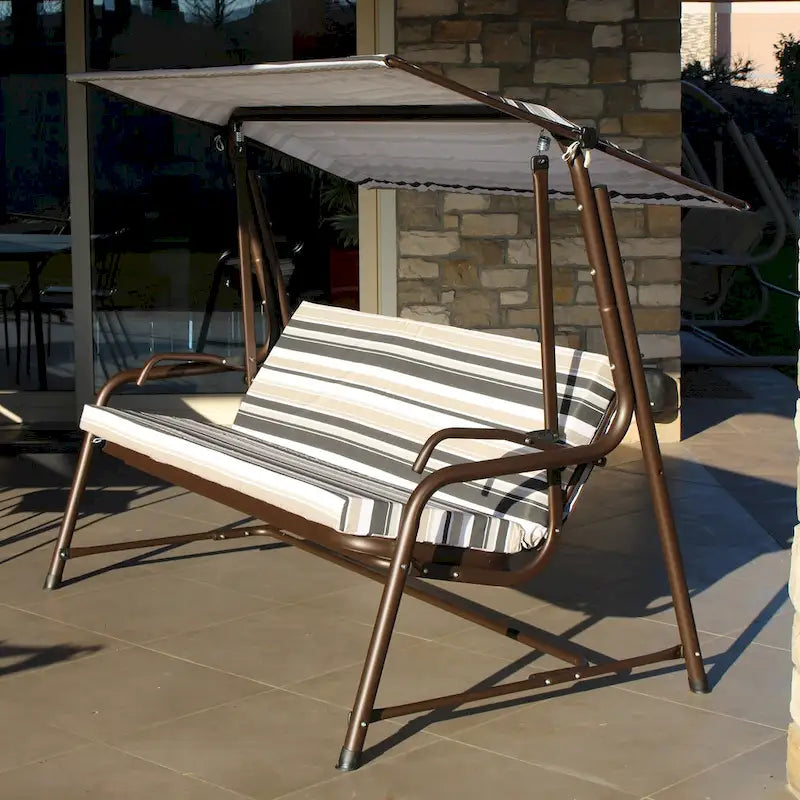 Sunjoy Luxury 4 Seater Steel Patio Swing Bed Convertible Design with Elastic Mesh Seat, Cushions & Adjustable Canopy