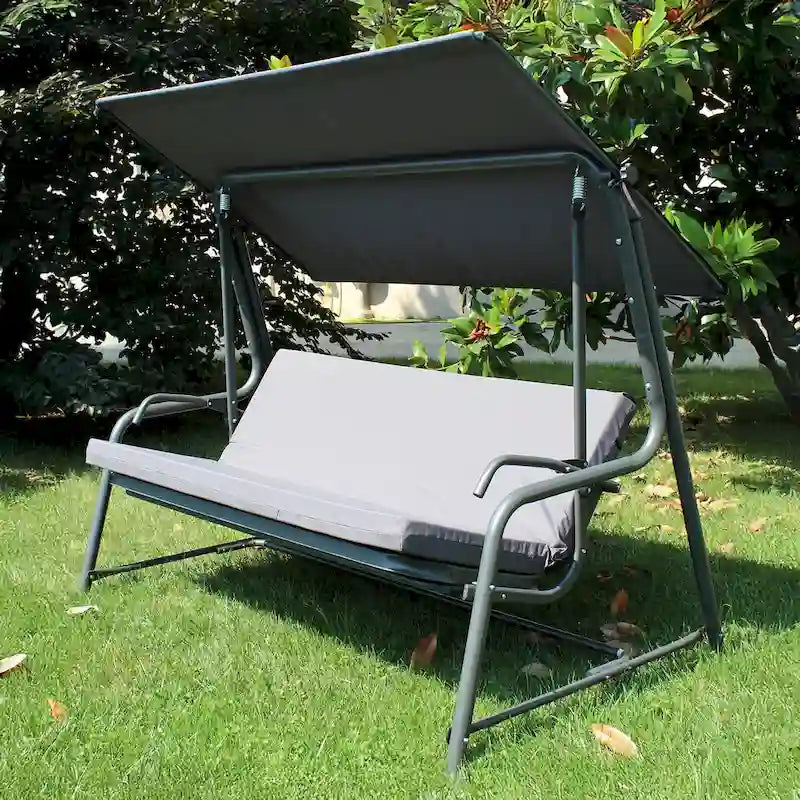 Sunjoy Luxury 4 Seater Steel Patio Swing Bed Convertible Design with Elastic Mesh Seat, Cushions & Adjustable Canopy