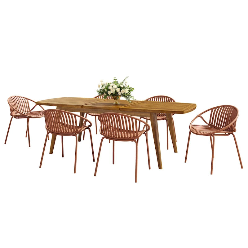 7-Piece Outdoor Extendable Dining Set with Extendable Acacia Wood Table and 6 Stackable Chair