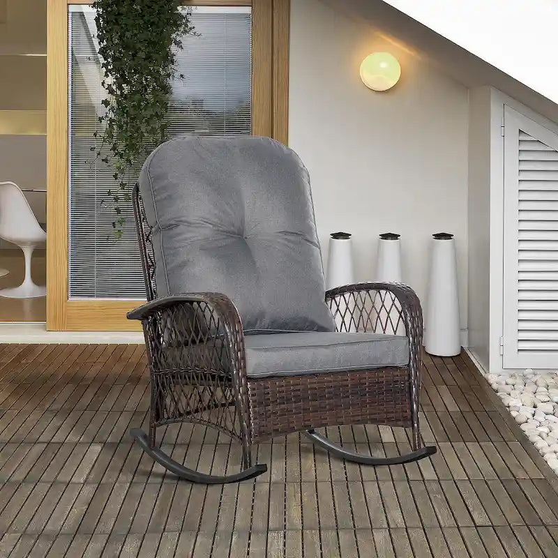 Outdoor Wicker Rocking Chair with Thick Padded Backrest, Rattan Rocker with Steel Frame for Patio, Garden, Backyard