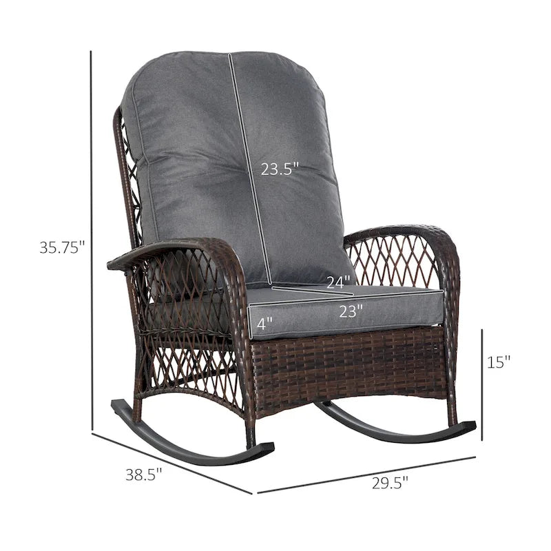 Outdoor Wicker Rocking Chair with Thick Padded Backrest, Rattan Rocker with Steel Frame for Patio, Garden, Backyard