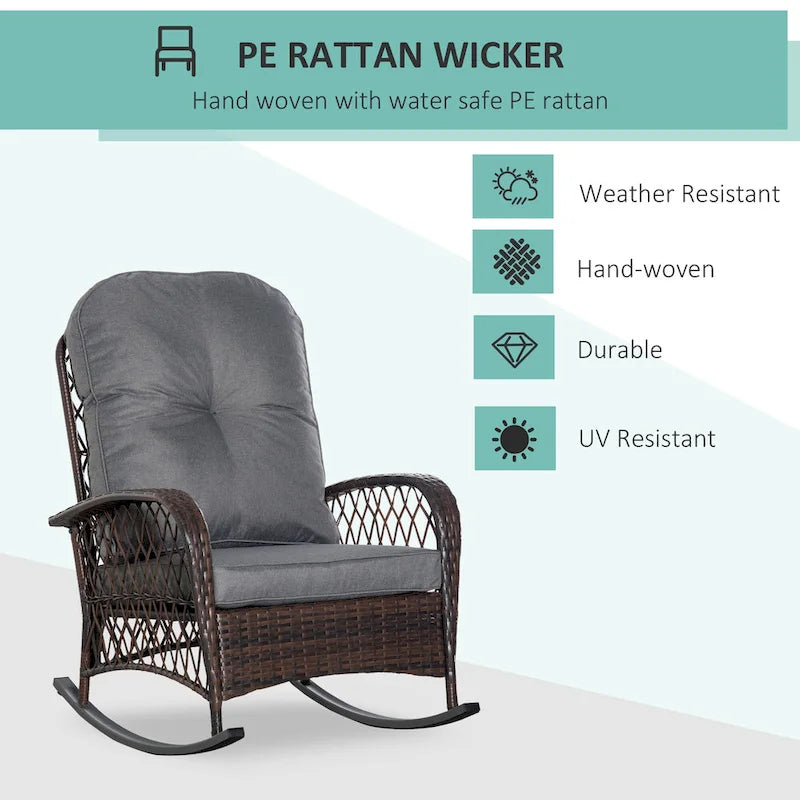Outdoor Wicker Rocking Chair with Thick Padded Backrest, Rattan Rocker with Steel Frame for Patio, Garden, Backyard