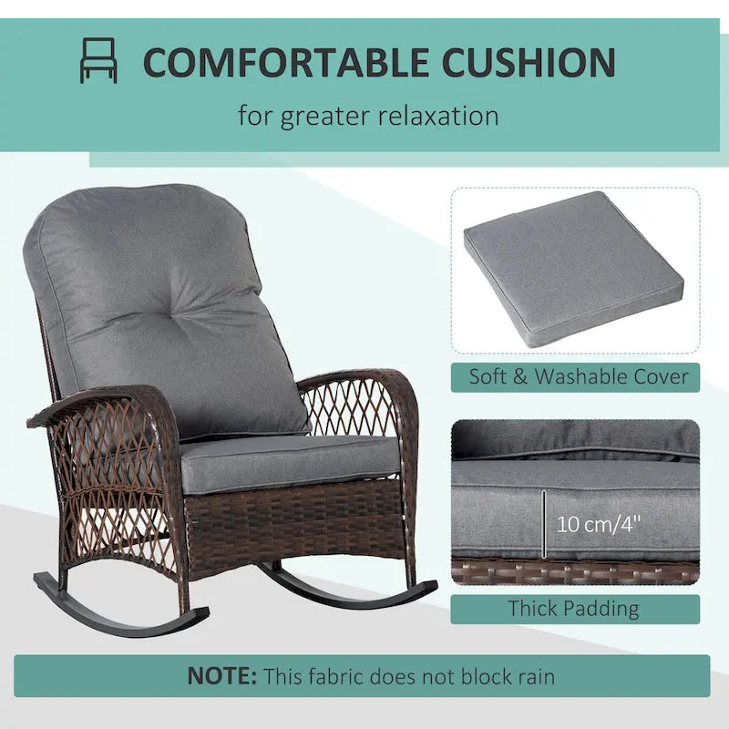 Outdoor Wicker Rocking Chair with Thick Padded Backrest, Rattan Rocker with Steel Frame for Patio, Garden, Backyard