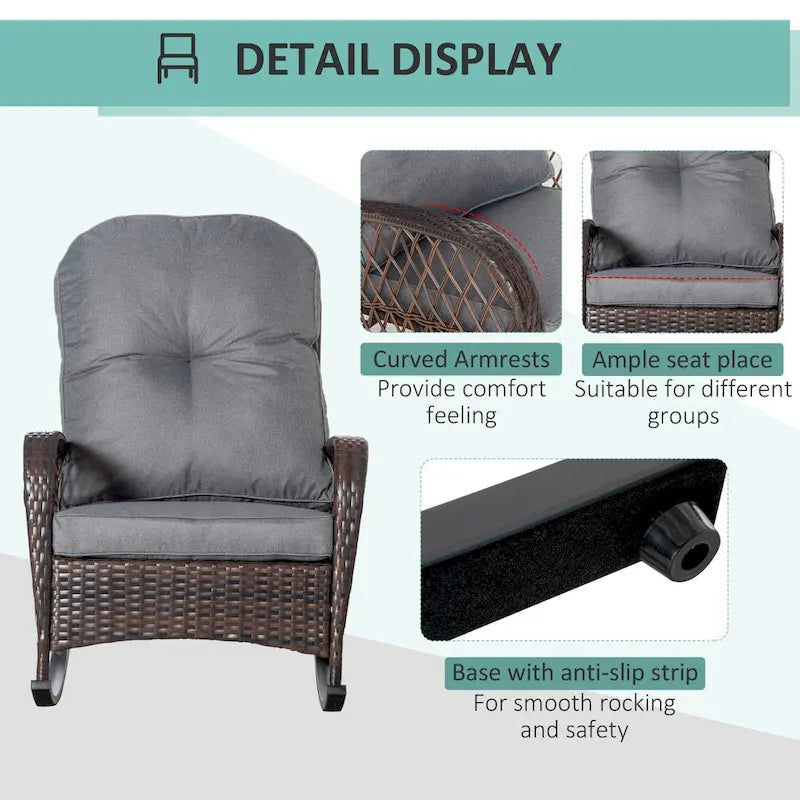 Outdoor Wicker Rocking Chair with Thick Padded Backrest, Rattan Rocker with Steel Frame for Patio, Garden, Backyard