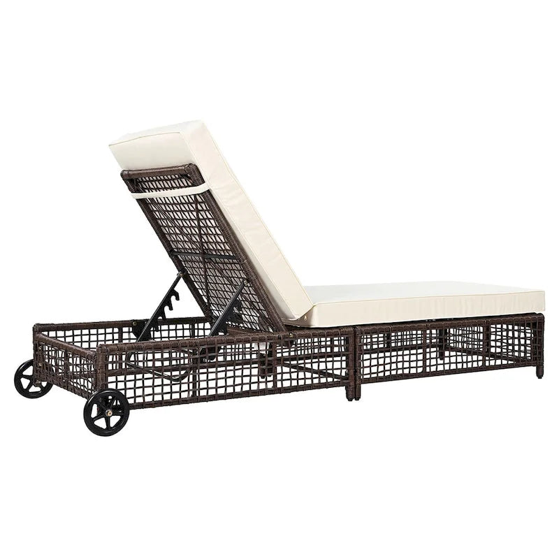 5-Position Rattan Patio Lounge Chair with Wheels, Cushion for Backyard