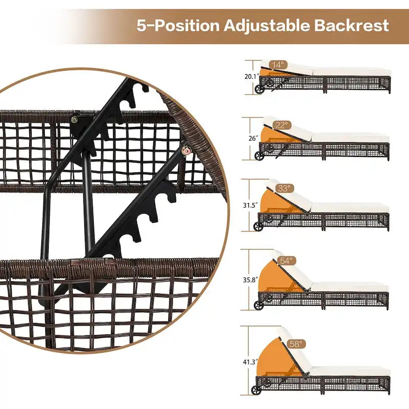 5-Position Rattan Patio Lounge Chair with Wheels, Cushion for Backyard