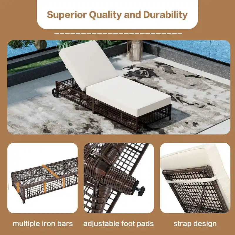 5-Position Rattan Patio Lounge Chair with Wheels, Cushion for Backyard