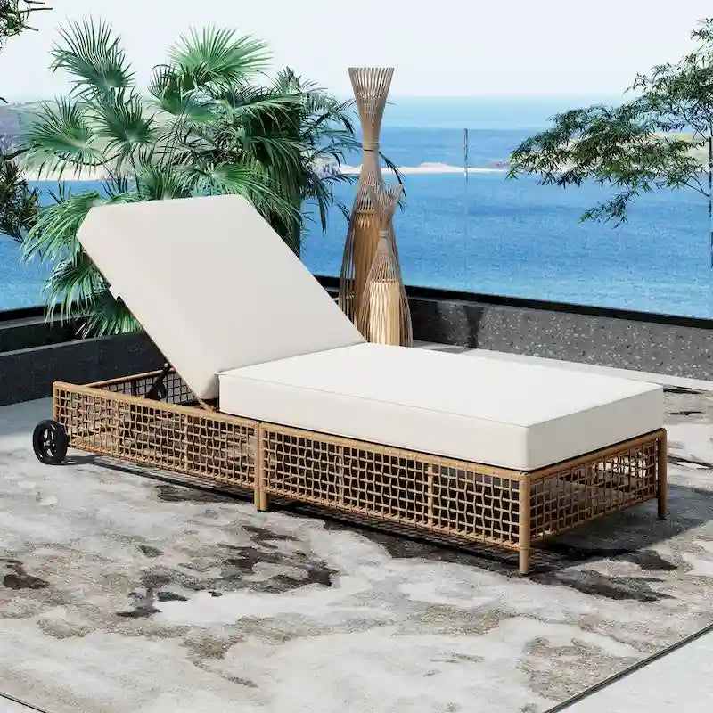 5-Position Rattan Patio Lounge Chair with Wheels, Cushion for Backyard